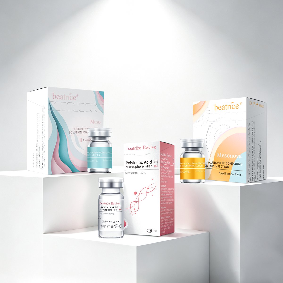 Beatrice Skin Booster product range: Meso, Mesonova and Revive hyaluronate solutions